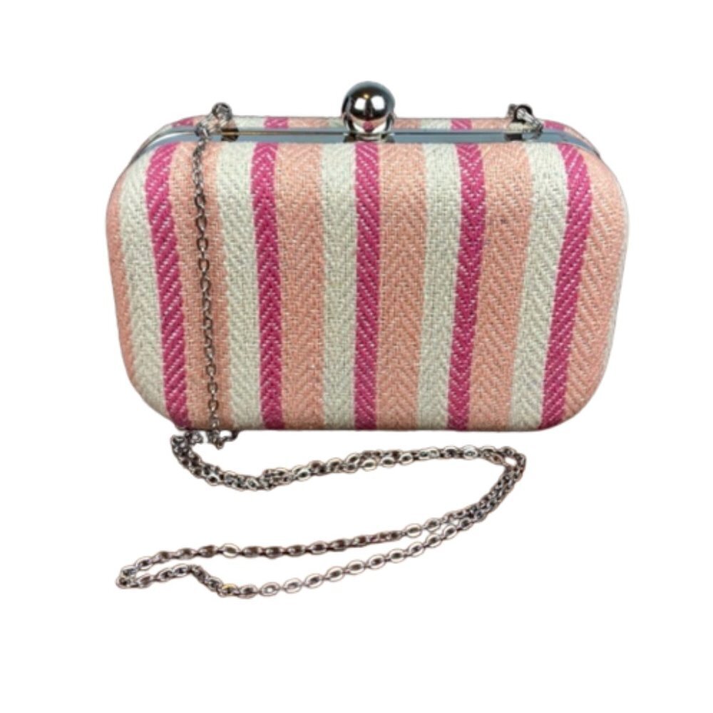 Loft NWOT Embroidered Box Clutch with Chain in Pink and White Stripes